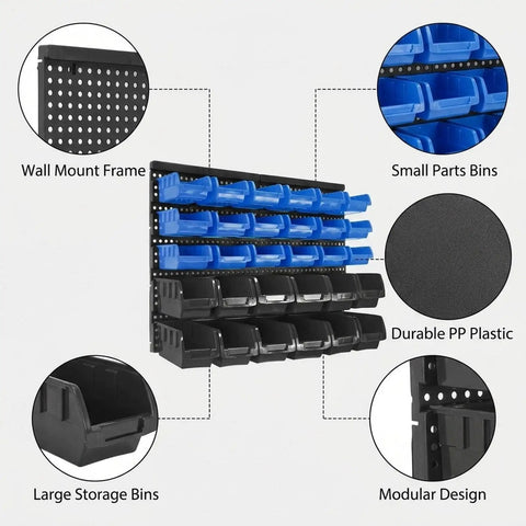 Rock Solid Heavy Duty Wall Mount Tool Organizer Rack With Thirty Spacious Compartments showing blue small parts bins and large storage bins.