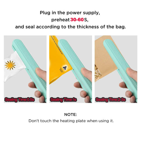 Portable Handheld Heat Sealer For Food Plastic Bags And Mylar Aluminum Foil Packaging Quick Warm Up Resealing Tool in use to seal bags.