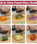 All-in-One kitchen slicer with metal blades; six vegetables shown being sliced (carrot, cucumber, tomato, potato, pumpkin, purple potato).