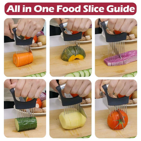 Onion Holder Slicer And Multifunction Kitchen Cutter slicing various vegetables and meat on a cutting board with no slip grip.