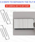 Close-up of metal staples and knife for use with 80 Piece Plantation Shutter Repair Kit With Solid Fasteners.