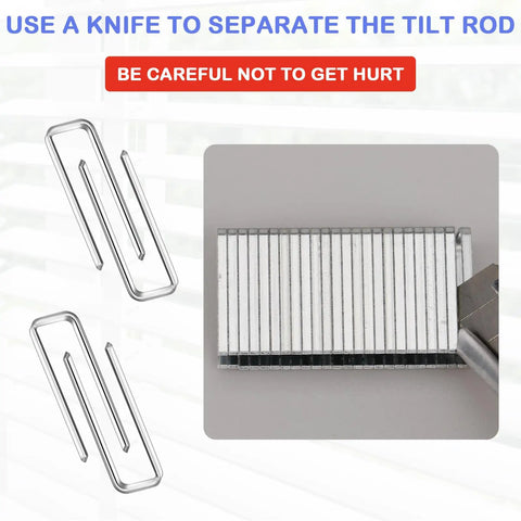 Close-up of metal staples and knife for use with 80 Piece Plantation Shutter Repair Kit With Solid Fasteners.