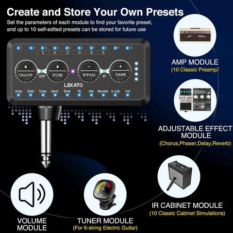 Compact Guitar Headphone Amp With Multi Effects, IR Loader, Tuner, And Rechargeable Battery with control interface and modules
