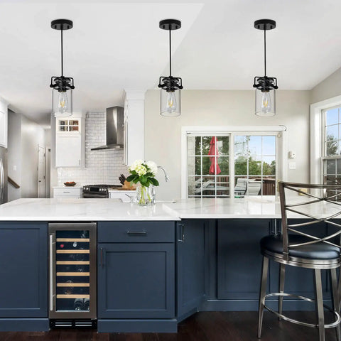 Farmhouse Vibe 5 Light Pendant Light For Kitchen Island Black Finish With Clear Glass Shades Long Hanging Fixture About 68 Inches Dimmable E26 Bulb Compatible Ideal Dining Room Living Room Hallway Lighting over a modern kitchen island