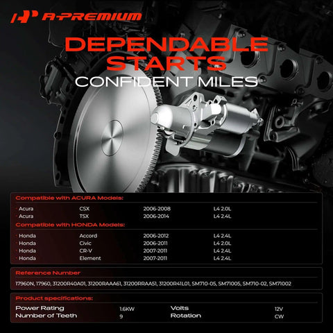 Starter Motor Replacement Compatible With Honda Accord 2006 2012 Civic 2006 2011 CR V 2007 2011 Element 2007 2011 And Acura CSX TSX 2.0L 2.4L 12V 1.6KW 9 Tooth Clockwise Rotation OE Equivalent displayed with compatibility and specifications