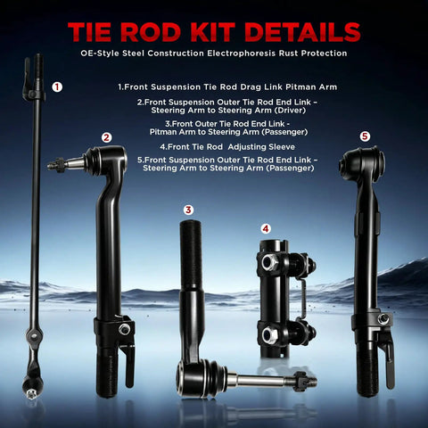 Five Piece 4WD Front Tie Rods Kit For 2005-2016 Ford F250 F350 Super Duty All 4X4 Models Heavy Duty Steering Upgrade With Outer Tie Rod End Link And Adjusting Sleeve, OE-style steel parts