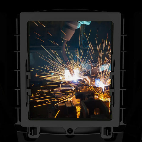 Top-Notch Laser Welding Helmet With Large Viewing Window, Eye Protection For Welding, Cutting, Cleaning And Marking, OD Eight Plus, Protects From 190 Nanometers To 450 Nanometers And 900 Nanometers To 1100 Nanometers, Durable Polycarbonate Shield showing sparks from welding