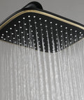 Heavy Duty Wall Mount Shower System With Slick Black Finish Adjustable Rain Head Four Way Mixer Valve Easy Grip Handheld Sprayer And Top Shelf Stainless Steel Bathroom Combo Kit Upgrade Your Daily Routine