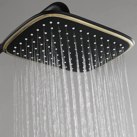 Heavy Duty Wall Mount Shower System With Slick Black Finish Adjustable Rain Head Four Way Mixer Valve Easy Grip Handheld Sprayer And Top Shelf Stainless Steel Bathroom Combo Kit Upgrade Your Daily Routine