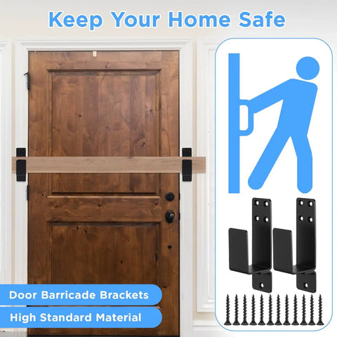 Heavy Duty Door Barricade Brackets Set Of 4 For Home Security Rugged 4mm Carbon Steel Door Bar Holders With Easy Install And Countersunk Holes Matte Black installed on wooden door with screws visible