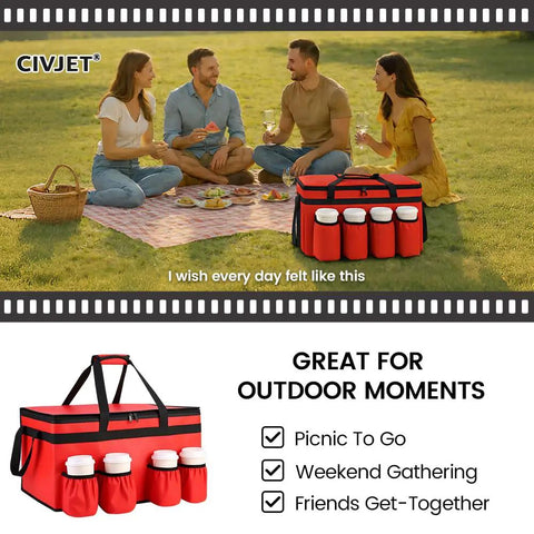 Insulated Food Delivery Bag With Four Cup Holders XXXL Large Commercial Grade Cooler Bag Keeps Food Hot Or Cold Red used at picnic