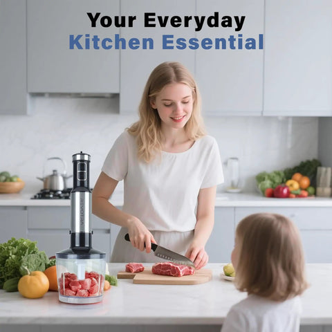 Woman using Your Everyday Kitchen Sidekick Six In One Immersion Hand Blender With 12 Speed Stainless Steel Shaft Includes Whisk in the kitchen.