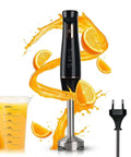 800W Corded Handheld Immersion Blender With Four Sharp Stainless Steel Blades Multi Speed Controls And One Touch Pulse For Effortless Soups And Smoothies Made Easy By This Heavy Duty Kitchen Game Changer Black with orange splash and measuring cup.
