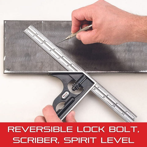 Six Inch Steel Combination Square with Square Head for Pro Grade Right Angles and Depth Gauge, Hardened Forged Steel Blade in use