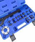Pro Shop Grade Camshaft Pulley Holder Tool Set Drop In Setup for Quick Timing Belt Swaps in a blue case, includes various pins and handles.