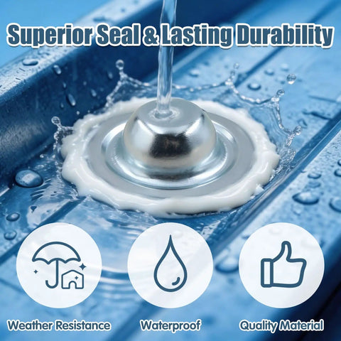 Metal screw and cap sealing a blue metal roof showcasing the All In One Roof Repair Kit With 200 Self Drilling Metal Roof Screws And 200 Screws Caps Leak Proof Weatherproof Protective Set For Easy DIY Home Improvement And Quick Metal Roof Fixes.