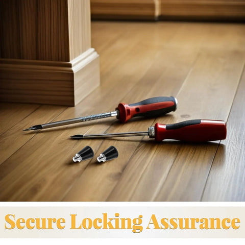 Four Piece Heavy Duty Mechanical Knob Plunger With Rock Solid Spring Lock Pin Optimized For Industrial Machinery Featuring Built Tough Anti Vibration Lock And Dead Nuts Secure Tensioning For Factory Equipment Setups, showing two screwdrivers and black knobs.