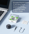 Mini Portable Bluetooth Speaker 5.0 Tiny But Mighty Sound For Outdoor And Indoor Use Ultra Compact Pocket Sized Travel Buddy with accessories.