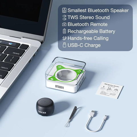 Mini Portable Bluetooth Speaker 5.0 Tiny But Mighty Sound For Outdoor And Indoor Use Ultra Compact Pocket Sized Travel Buddy with accessories.