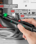 Person using Pen Type Digital Multimeter 6000 Counts AC DC Voltage Tester Pro Grade Non Contact Voltage Meter for testing wires.