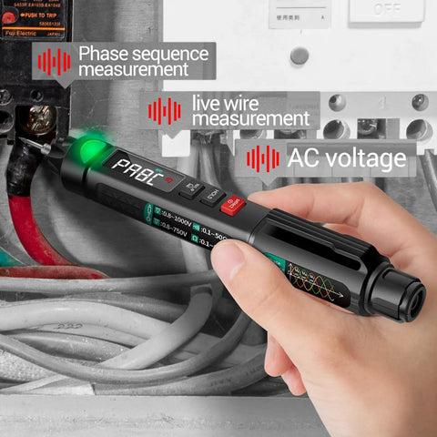 Person using Pen Type Digital Multimeter 6000 Counts AC DC Voltage Tester Pro Grade Non Contact Voltage Meter for testing wires.