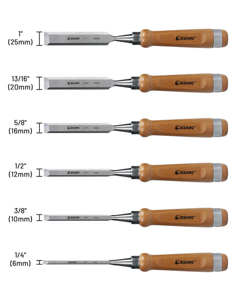 Six Piece Pro Grade Wood Chisel Set With Premium Wooden Case For Carpenters And Craftsmen shows chisels in six sizes for precise carving.