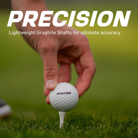 Close-up of a hand placing a golf ball on a tee, highlighting lightweight graphite shafts for precision.