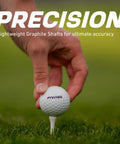 Close-up of hand placing golf ball on tee with text 'Precision Lightweight Graphite Shafts,' part of Women's Game-Ready Complete Golf Club Set With Driver, Fairway Wood, Hybrid, 7-PW Irons, Putter, Stand Bag And 3 Headcovers In Blue, Regular Or Petite Size, Built For Maximum Distance And Forgiveness.