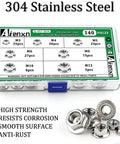 304 Stainless Steel Hex Flange Nuts Set 140 Pieces, labeled plastic box with various nut sizes and loose nuts on side.