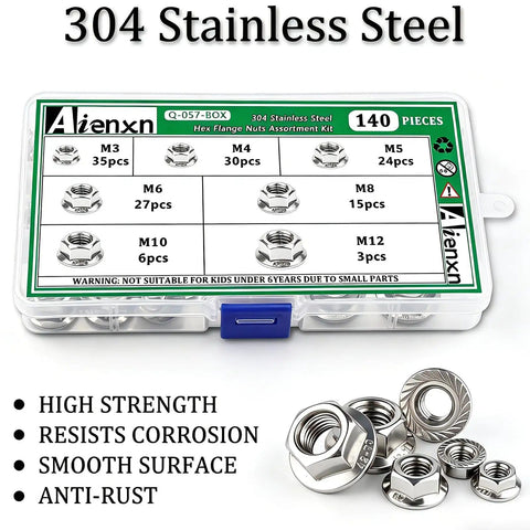 304 Stainless Steel Hex Flange Nuts Set 140 Pieces, labeled plastic box with various nut sizes and loose nuts on side.
