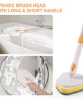 3 In 1 Shower Scrubber With Long 50 Inch Handle Set showcasing sponge brush cleaning bathtub and glass wall