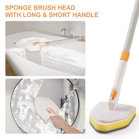 3 In 1 Shower Scrubber With Long 50 Inch Handle Set showcasing sponge brush cleaning bathtub and glass wall