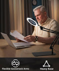 Man using Gooseneck Lamp Magnifier With Stand 10x And 5x Zoom Three Color Modes Stepless Dimmable LED Light for desk work