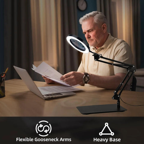 Man using Gooseneck Lamp Magnifier With Stand 10x And 5x Zoom Three Color Modes Stepless Dimmable LED Light for desk work