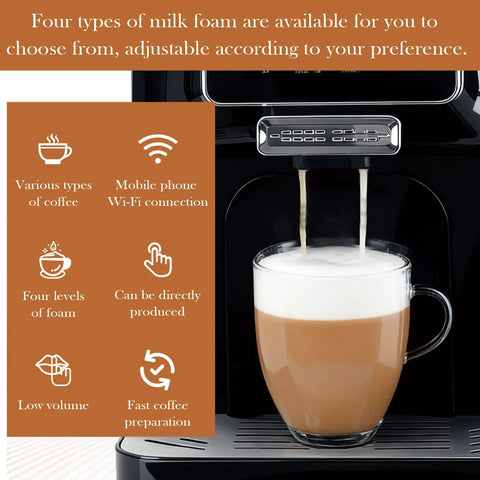 Top Shelf Fully Automatic Espresso Coffee Machine With Built In Milk Cooler And Precision Burr Grinder featuring various milk foam types.
