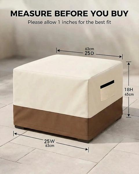 Built To Last Heavy Duty Waterproof Patio Ottoman Cover For Square Outdoor Side Table With Padded Handles All Weather 600D Oxford Fabric Windproof UV Resistant 25 x 25 x 18 Inches Beige Brown shown installed on patio