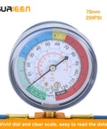 Close-up of gauge from Diy Friendly AC Refrigerant Recharge Hose Kit With Gauge For R134A R22 R12 showing scales and readings