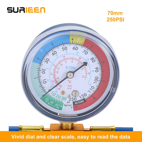 Close-up of gauge from Diy Friendly AC Refrigerant Recharge Hose Kit With Gauge For R134A R22 R12 showing scales and readings