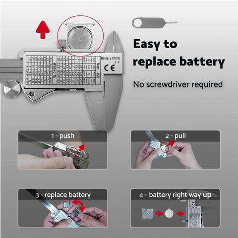 Battery replacement steps for 6 Inch Digital Caliper Measuring Tool With Extra Large LCD Screen And IP54 Protection.
