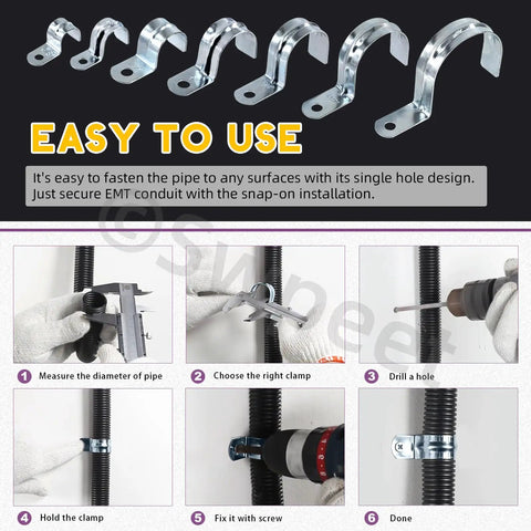30 Pack 1-1/2 Inch Zinc Plated EMT Pipe Straps One Hole Kit installation steps on pipe with drill and clamps