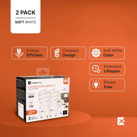 2 Pack GU24 Light Bulbs 13W CFL Replacement For 60W Equivalents Mini T2 Spiral 2700K Soft White 900 Lumens 120V UL Listed With Instant On And Flicker Free Performance