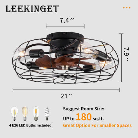 Twenty One Inch Low Profile Caged Ceiling Fan With Lights Remote Control Included Four Light Bulbs Dope Black Finish Flush Mount Fixture