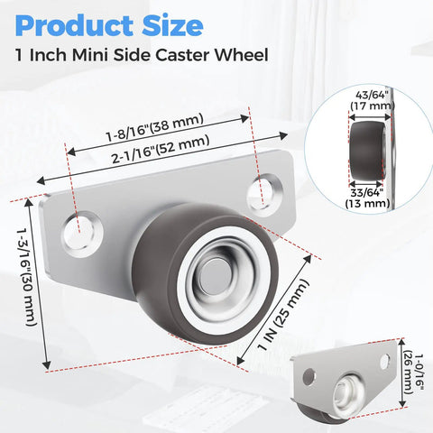 Mini Side Mount Casters Low Profile Rubber Wheels Rigid Non Swivel Rollers For Sliding Doors Deep Drawers Furniture Cabinets size and specifications.