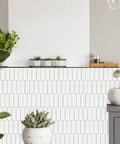 Peel And Stick Picket Tile Backsplash White Matte Ceramic Look Long Hexagon Self Adhesive Wall Tiles Pack Of 12 Waterproof And Heat Resistant For Kitchen And Bathroom Easy DIY installed on kitchen wall