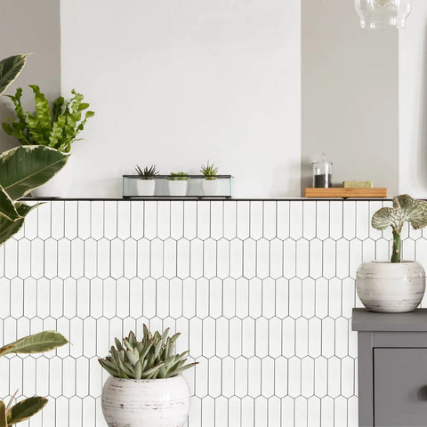 Peel And Stick Picket Tile Backsplash White Matte Ceramic Look Long Hexagon Self Adhesive Wall Tiles Pack Of 12 Waterproof And Heat Resistant For Kitchen And Bathroom Easy DIY installed on kitchen wall