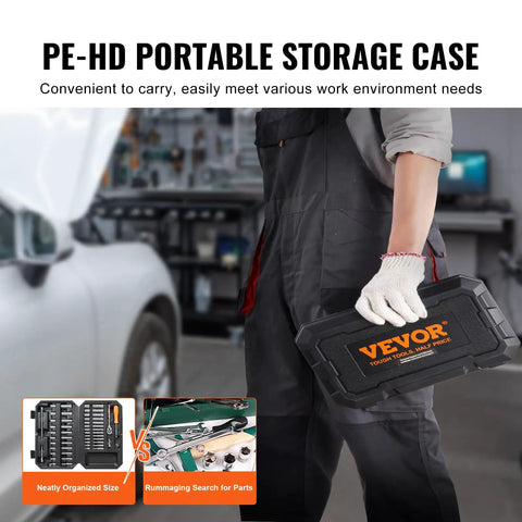 Person holding PE-HD storage case for One Quarter Inch Drive Socket And Ratchet Set, 54-Piece SAE and Metric 6-Point Sockets.