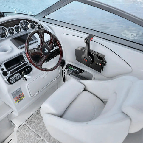 Side Mounted Outboard Remote Throttle Control Box With Power Trim Switch And Lanyard 16.3 Ft Harness 8 Plus 4 Pin Marine Throttle Controller For Mercury PT 2 Stroke Engines Durable Aluminum Housing And Crack Resistant ABS Handle installed on boat