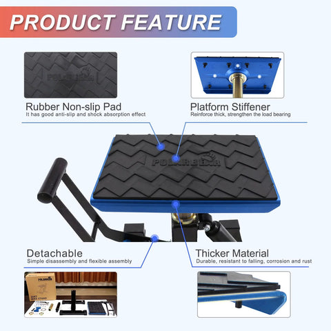 Front view of POLARBEAR blue dirt bike stand with rubber non-slip pad, detachable handle, 1200 lb capacity.
