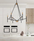 Bold Black 6 Light Modern Chandelier With Gold Finished Lamp Holders above kitchen island, minimalist luxe design