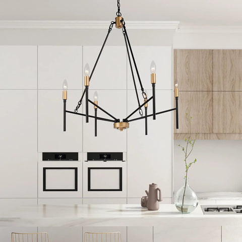 Bold Black 6 Light Modern Chandelier With Gold Finished Lamp Holders above kitchen island, minimalist luxe design